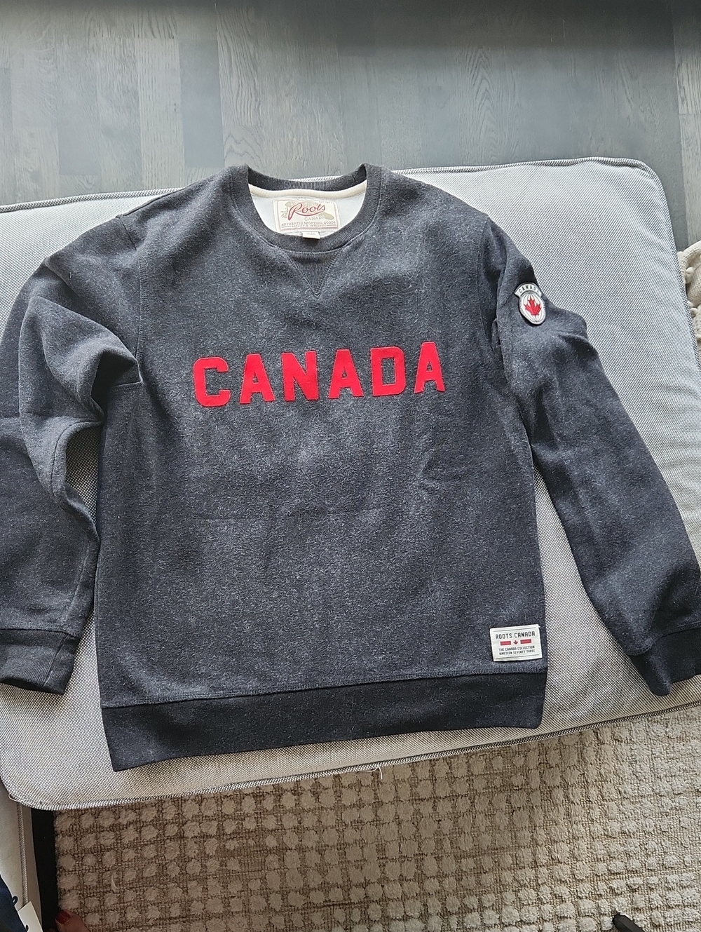 Roots Men's Charcoal Crewneck Sweater with Red CANADA Lettering